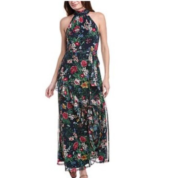 Anne Klein  Printed Mesh Asymmetrical Ruffle Hem Maxi Dress - Picture 1 of 2